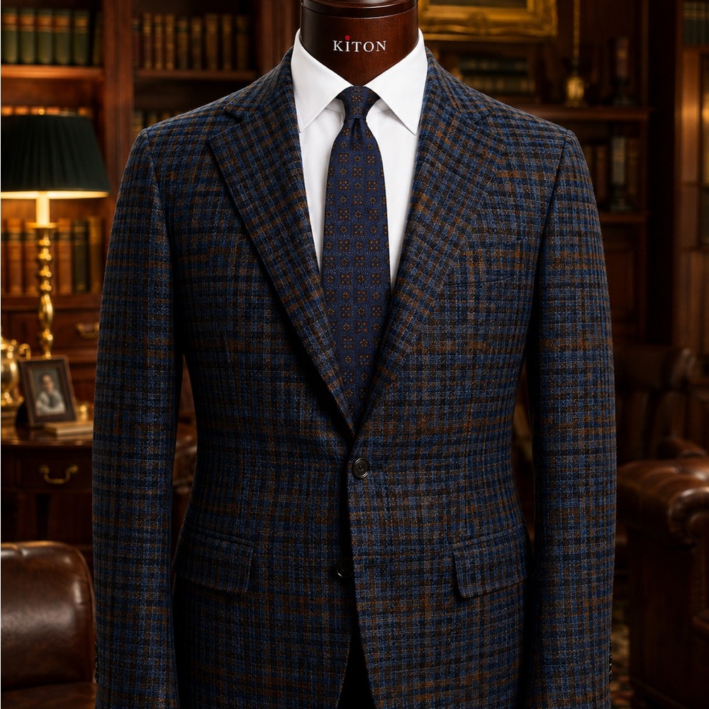 Kiton 100% Cashmere Blue & Brown Glen Plaid Blazer | Made in Italy